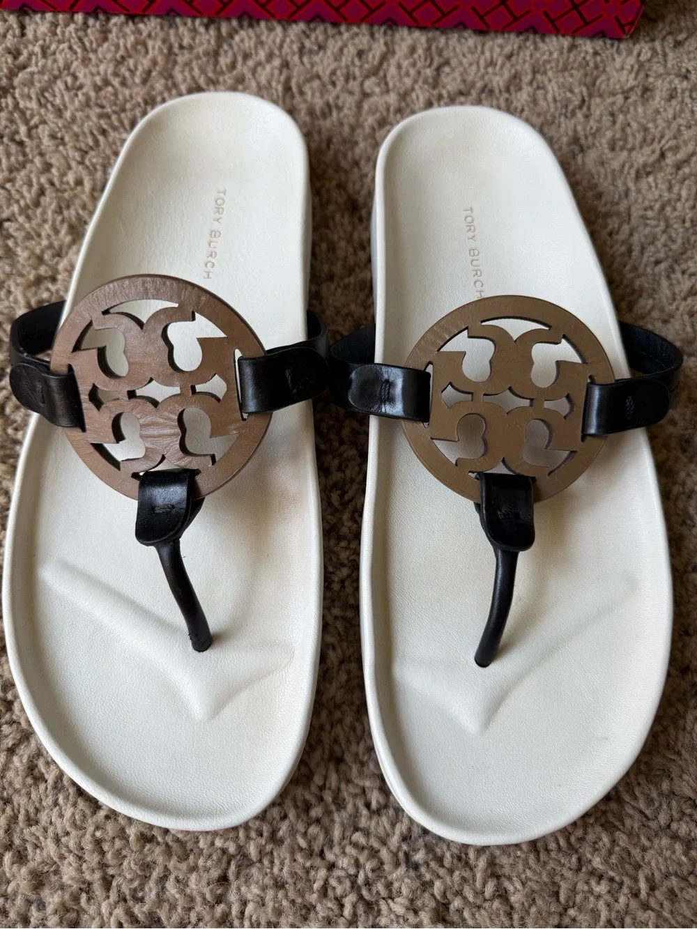 Tory Burch Black Strap White Footbed Logo Medallion Sandals